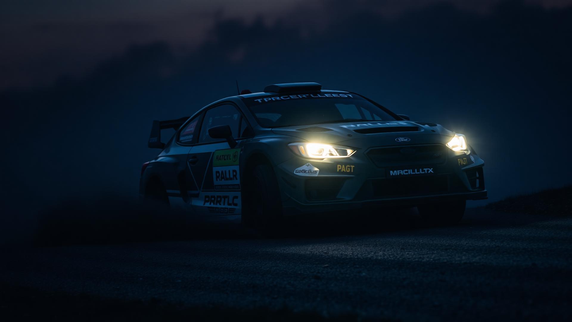 Rally car on a gravel stage at dusk